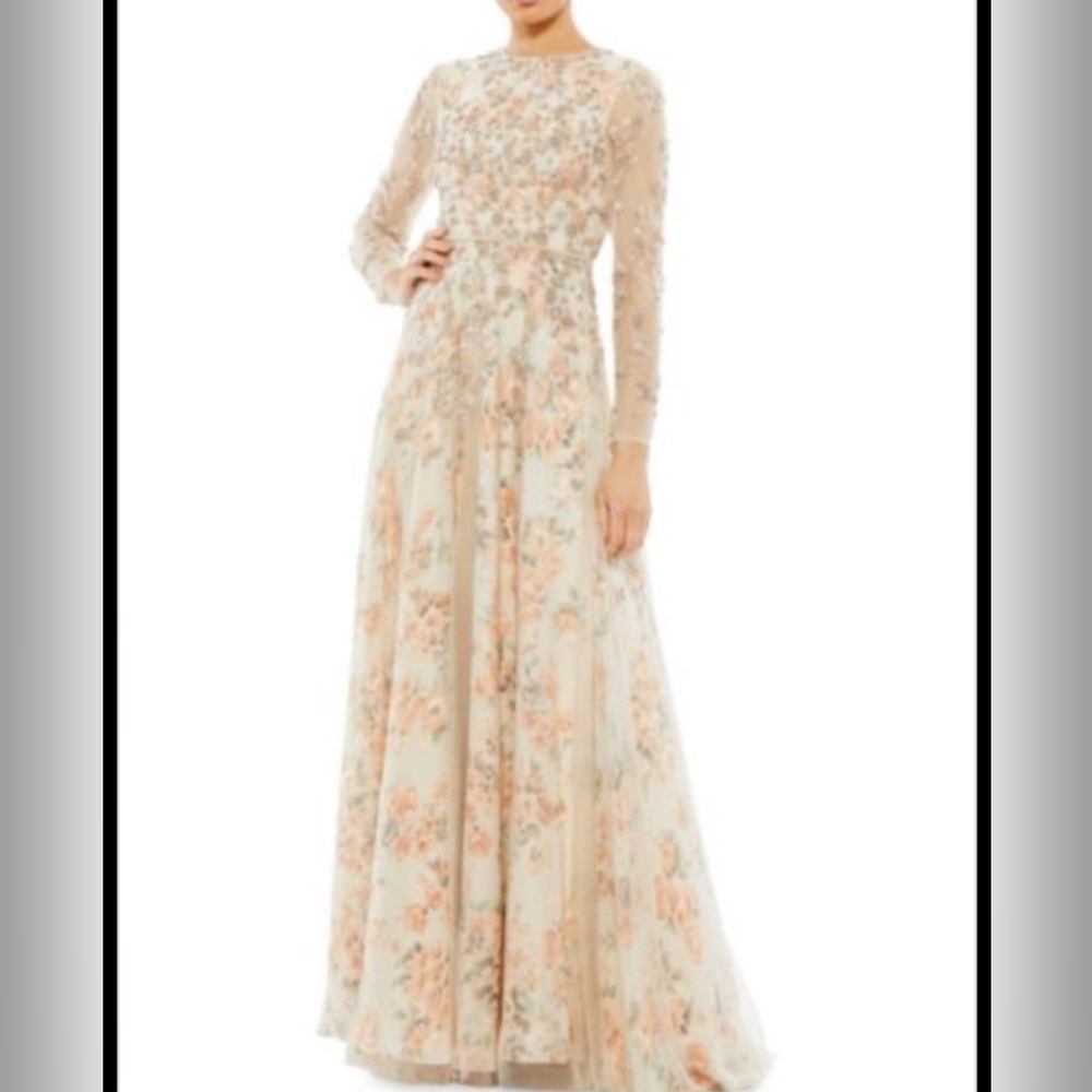 Mac Duggal Floral Print Beaded Mesh Gown Size 16